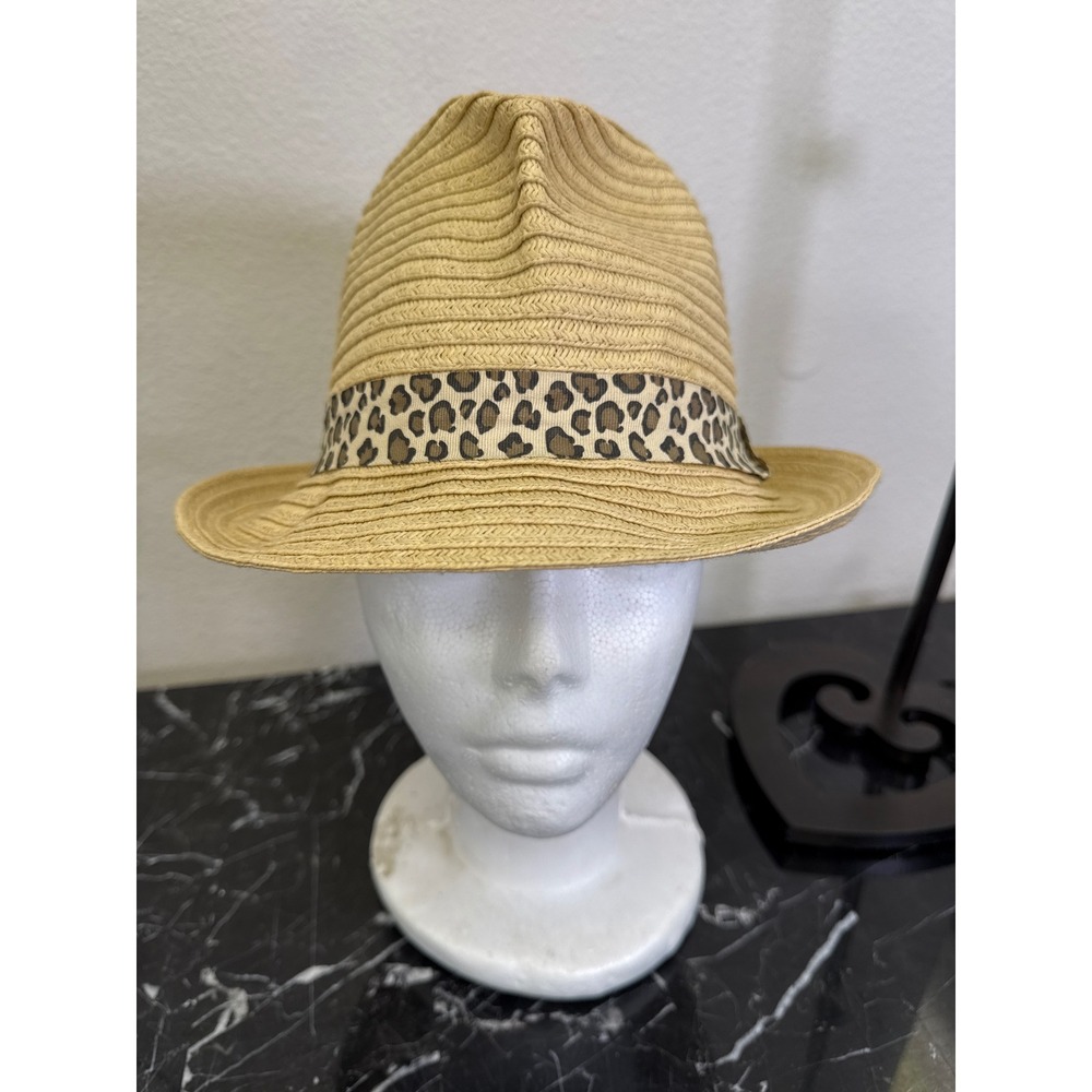 Tan Straw Fedora Hat with Leopard Print Band One Size‎ Summer Sun Hat